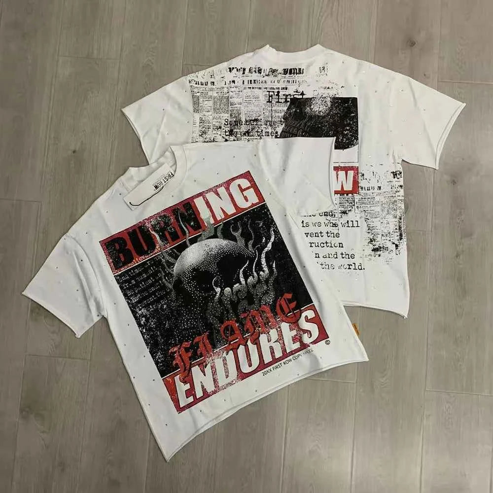Streetwear Vintage Washed Diamond Cropped Tee for Men Crew Neck Short Sleeve Loose Cotton Rhineston Tshirts Oversized