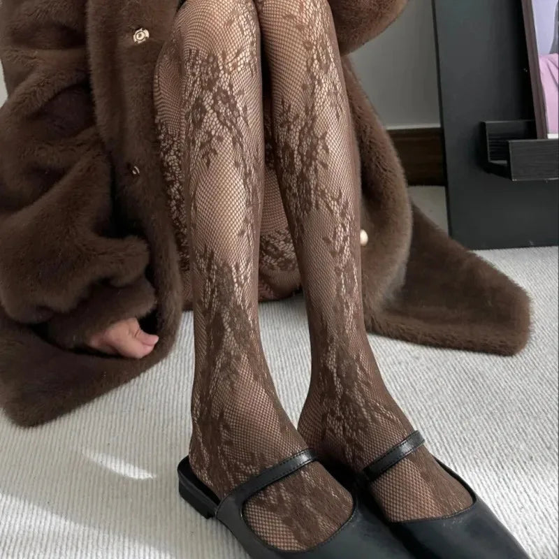 Harajuku Black White Brown Hollowed Out Lace Mesh Pantyhose Floral Rattan Bottomed Stockings Sexy Women Tights Fashion Hosiery