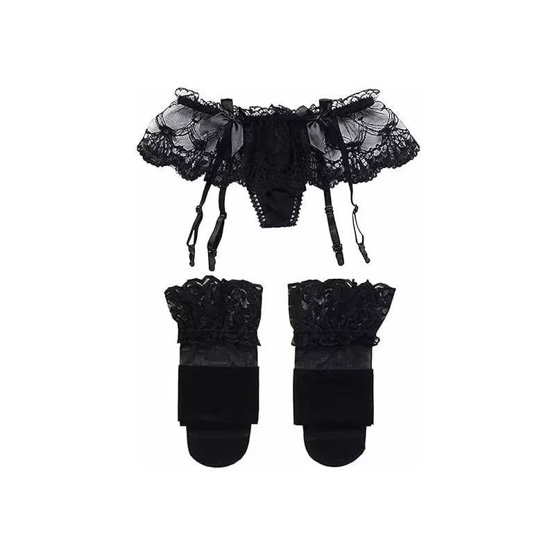 Women Lace Garter Belt And Stockings Set Jacquard Suspenders Panty Satin Bow Mini Skirt Hosiery Mesh Lingerie Pantyhose Womens