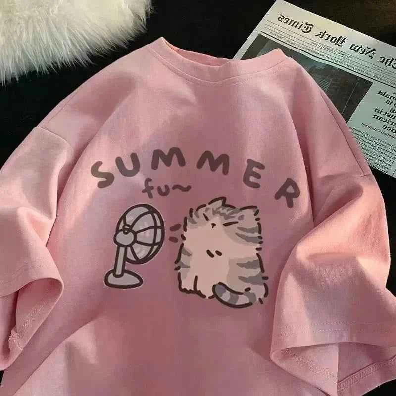 Fan Cat and Women Pure T-shirt for Men American Street Creative Blow Summer Relaxed Short Sleeve Couple Wear INS Top