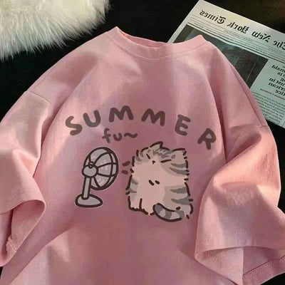 Fan Cat and Women Pure T-shirt for Men American Street Creative Blow Summer Relaxed Short Sleeve Couple Wear INS Top