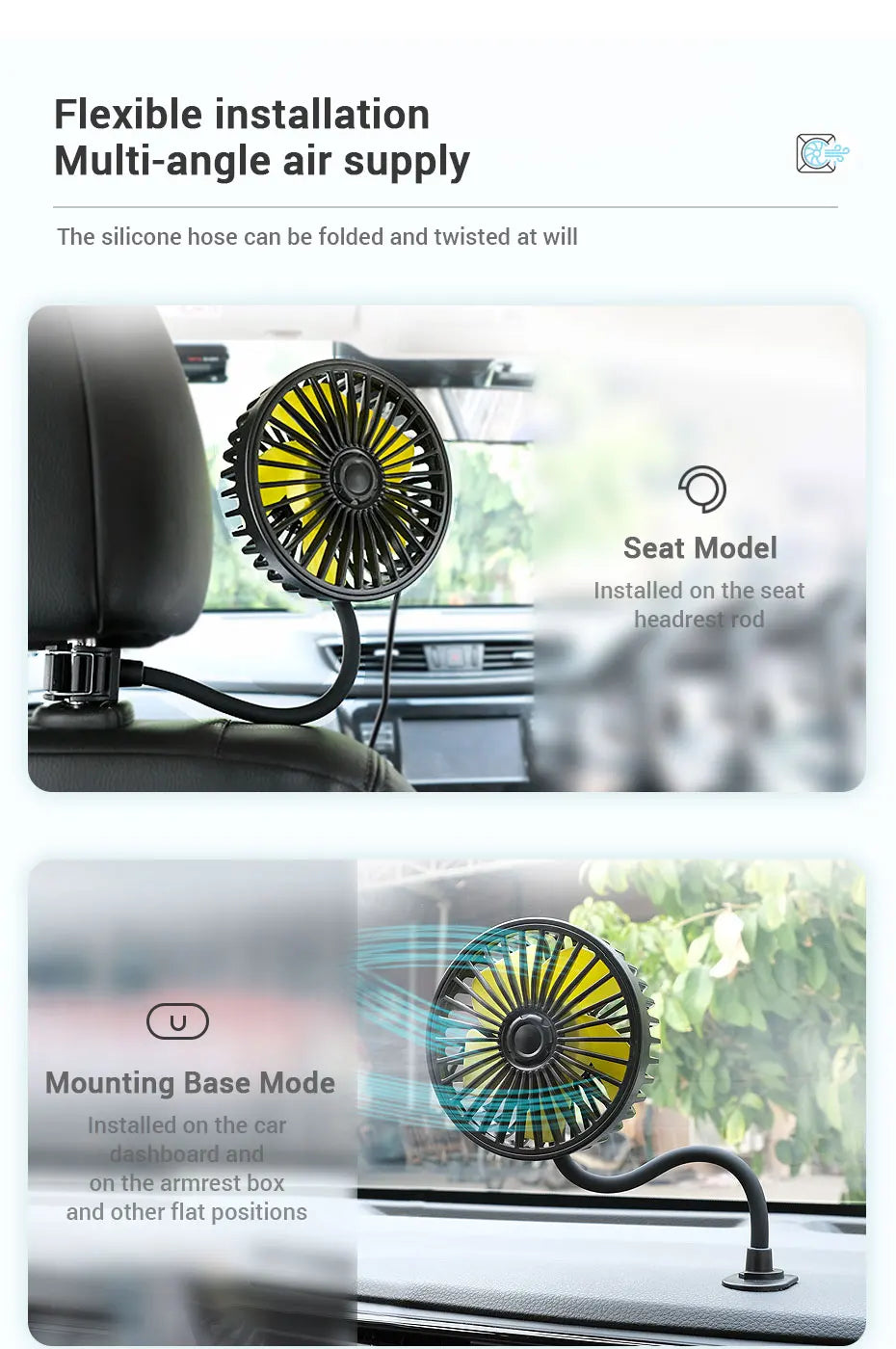 SEAMETAL Car Electric Fan Strong Wind 3-Speed Cooling Fan for Rear Seat Passenger Portable 360 Degree Rotatable Car Air Fan