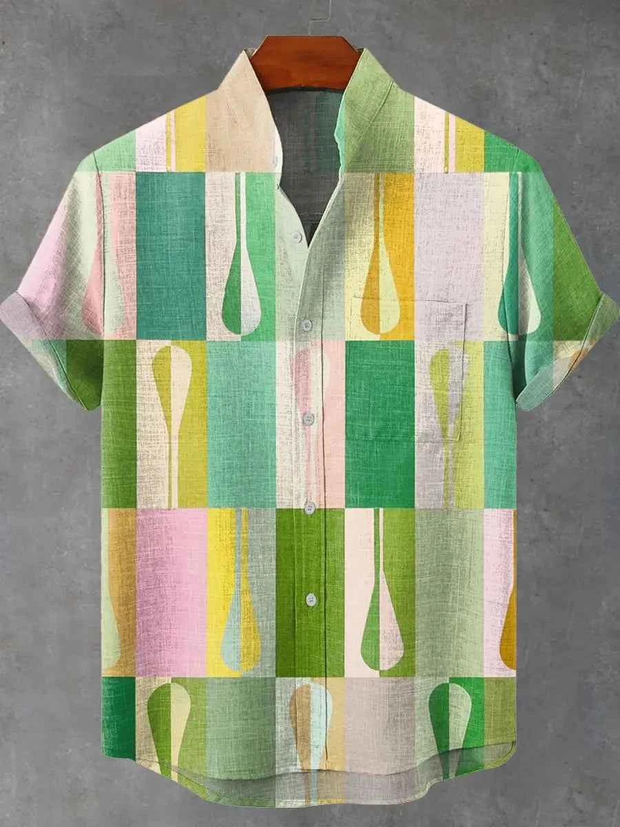 Summer Men's Short Sleeve Shirt Wave Vintage 3D Printed Casual Fashion Linen 100% Men's Beach Holiday Short Sleeve Shirt