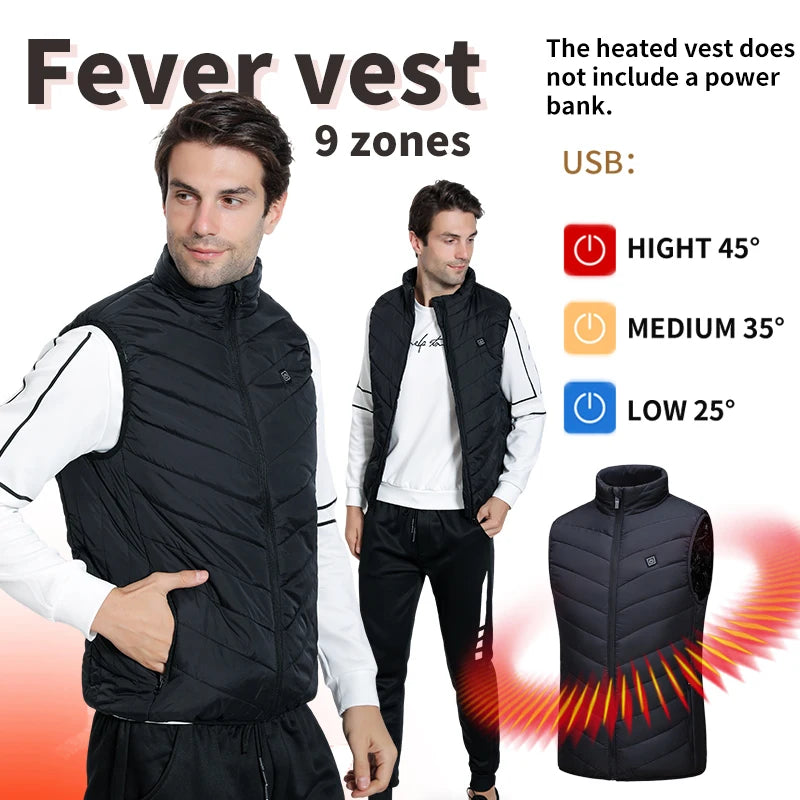 Men's Winter 9-Zone Smart Heated Vest—Warm Jacket Vest, USB-Powered, Outdoor Casual, Cold-Weather Protection