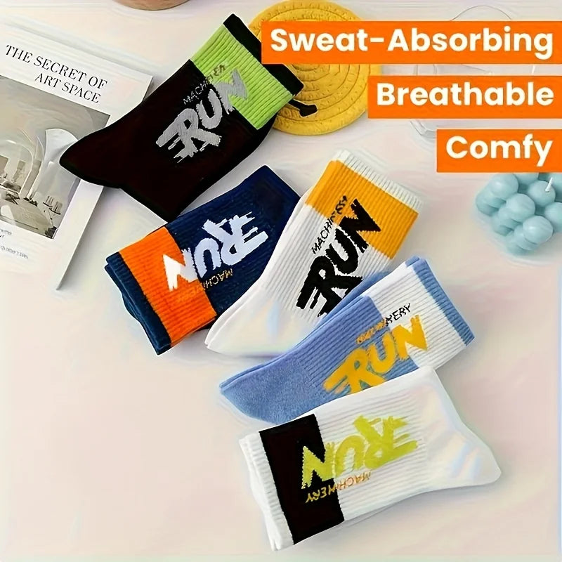 5/10 Pairs Men Letter Printed Mid Tube Socks Street Style Sweat Absorbing Breathable All Season Casual Sports Basketball Socks