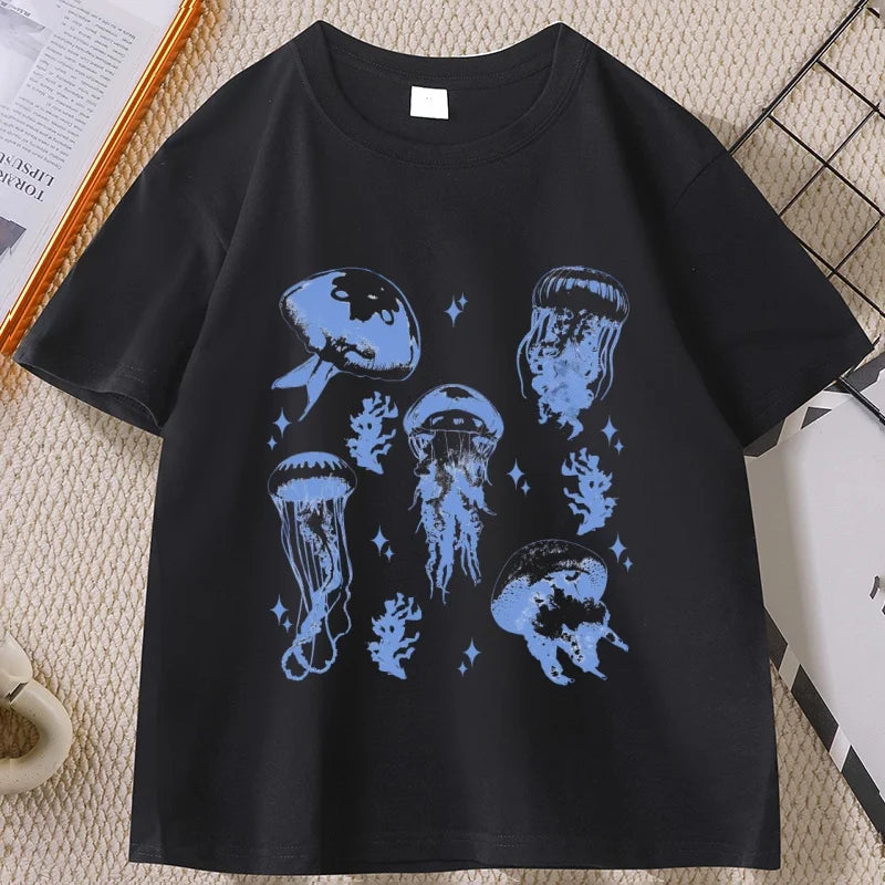 Vintage Jellyfish T-Shirt Summer Ocean Tee Sea Creature Top Beach Lover Gift Men Women Casual Round Neck Printed T Shirt