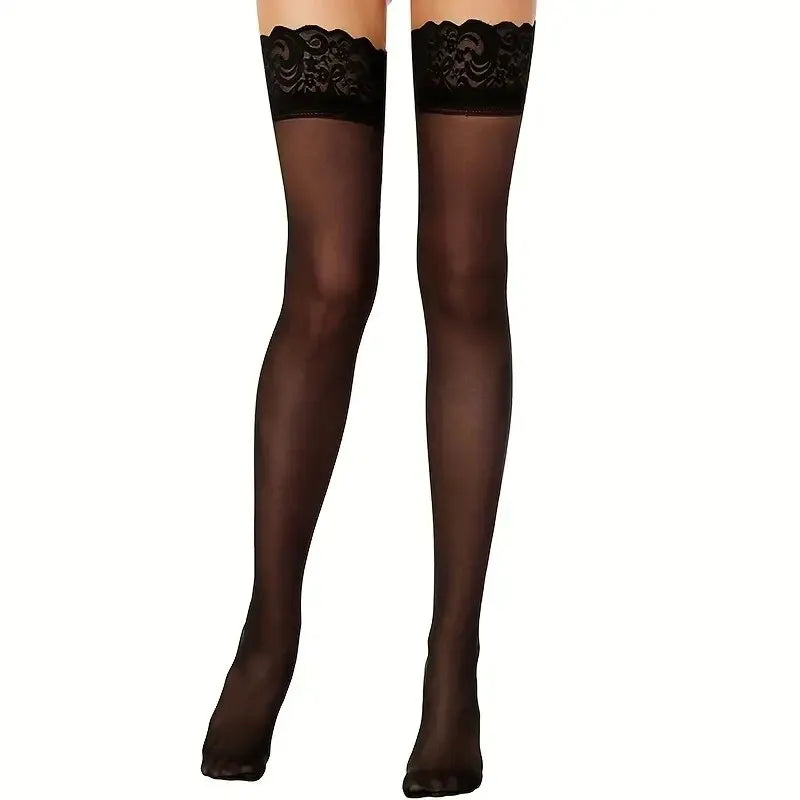 Women's Lace Top Thigh High Sheer Stockings Antiskid Silicone Ultra Shimmery Pantyhose