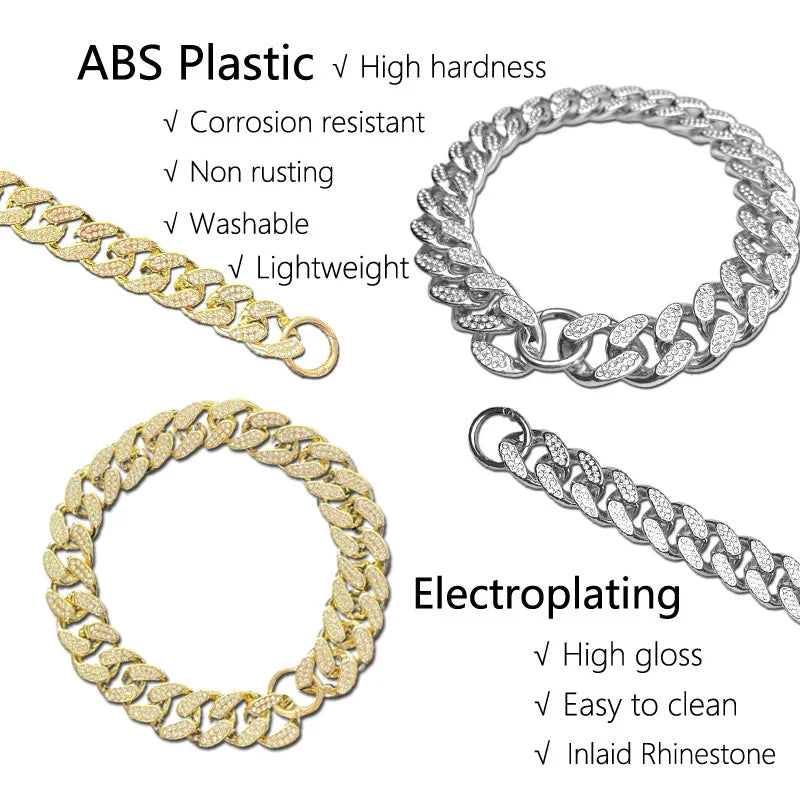 ABS Plastic Dog Collar Chain Diamond Inlay Sparkle Bulldog Necklace Cat Collars Pet Accessories Small Medium Large Dogs Golden - WTN Essentials 