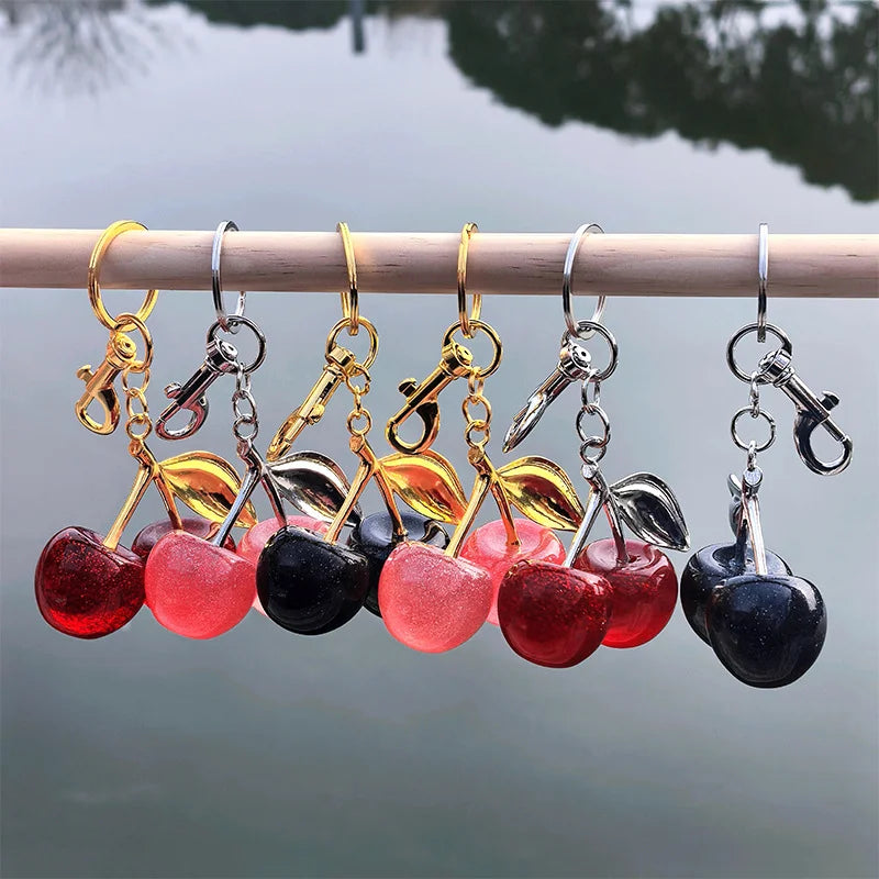 Fashion Delicate Red Cherry Charm Keychain 3 Color Gold Silver Keyring Elegant Women's Backpack Purse Charm Earrings Jewelry