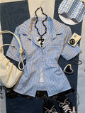 European and American retro preppy style plaid shirt, women's short-sleeved cardigan button shirt