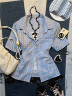 European and American retro preppy style plaid shirt, women's short-sleeved cardigan button shirt