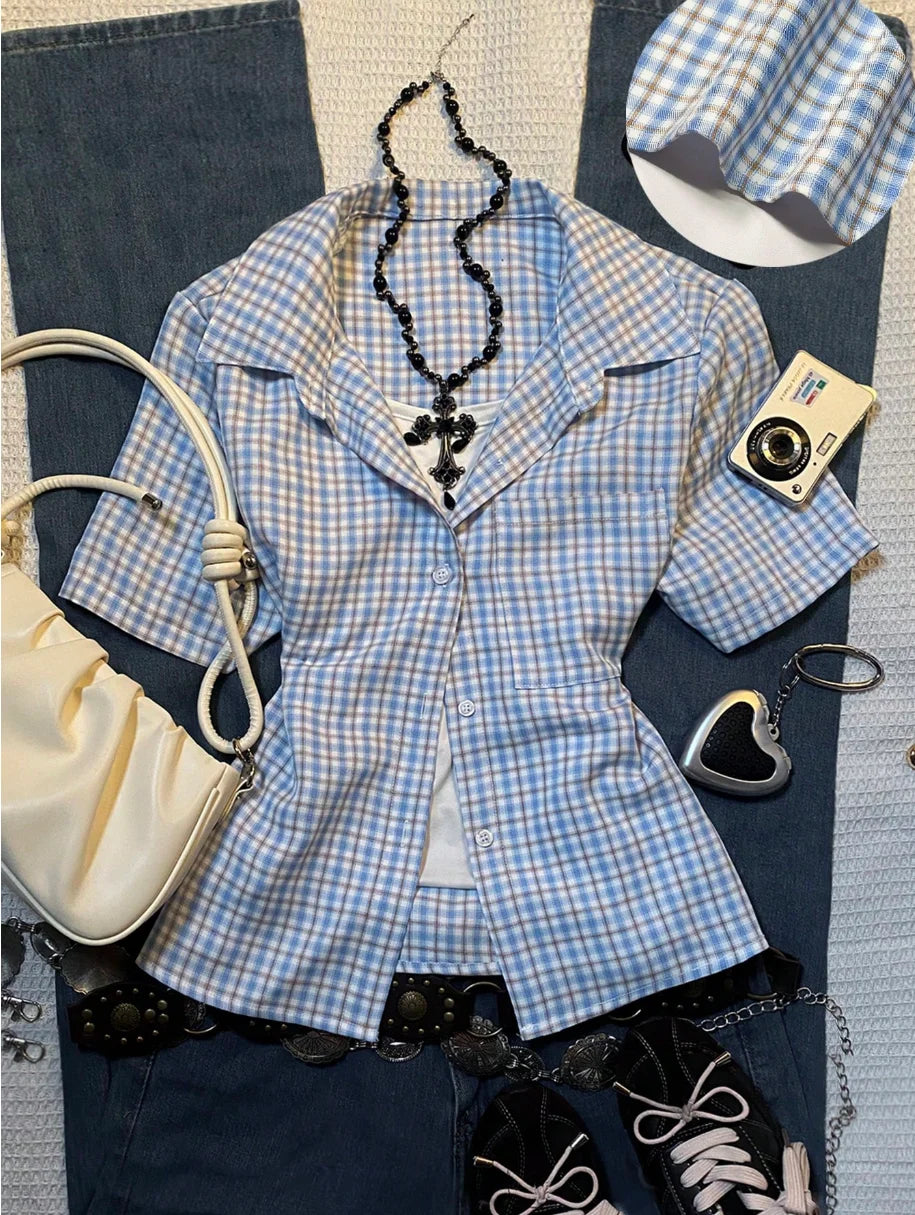 European and American retro preppy style plaid shirt, women's short-sleeved cardigan button shirt