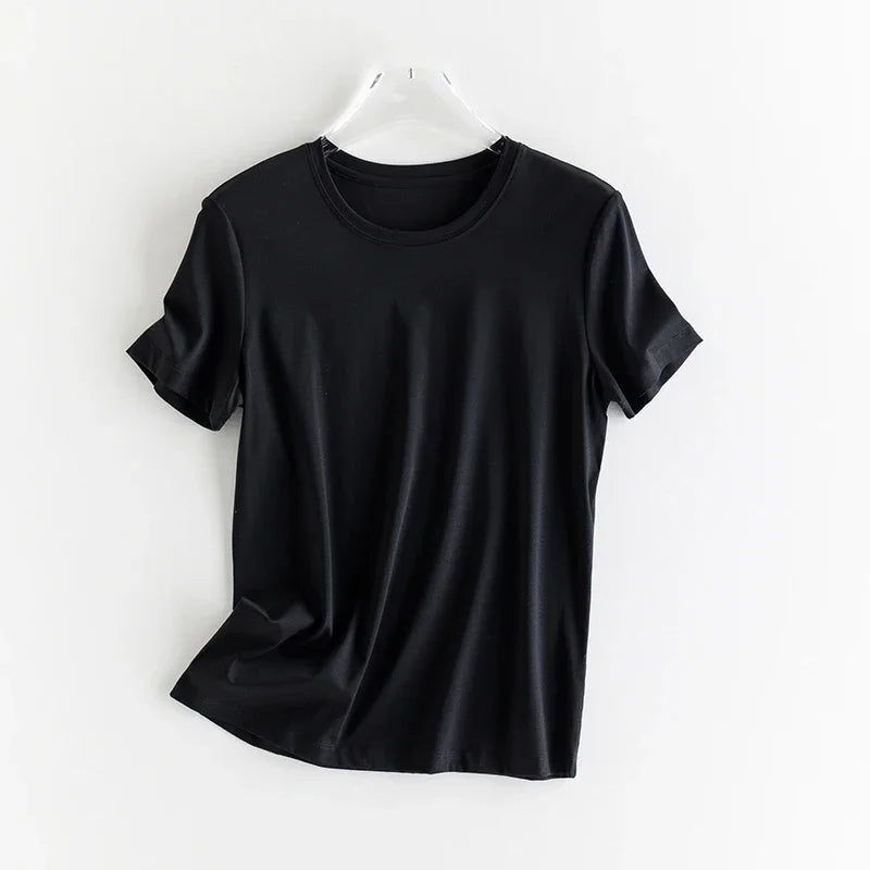 High-end New 10% Silk & Mercerized Cotton Women T-shirt Luxury Tee Short Sleeve Silky Feeling Summer Wear 2025 Tops V / O-neck