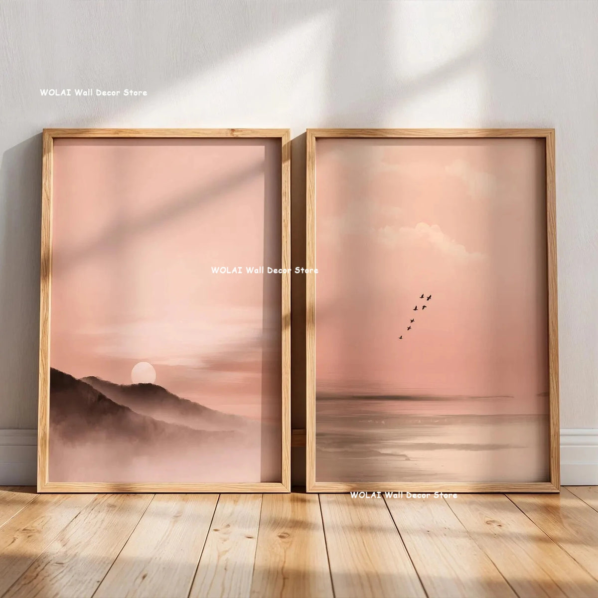 2pcs/set Japanese Retro Wabisabi Mountain Abstract Canvas Printing Abstract Green Sunset Flying Crane Wall Art Poster Home Decor