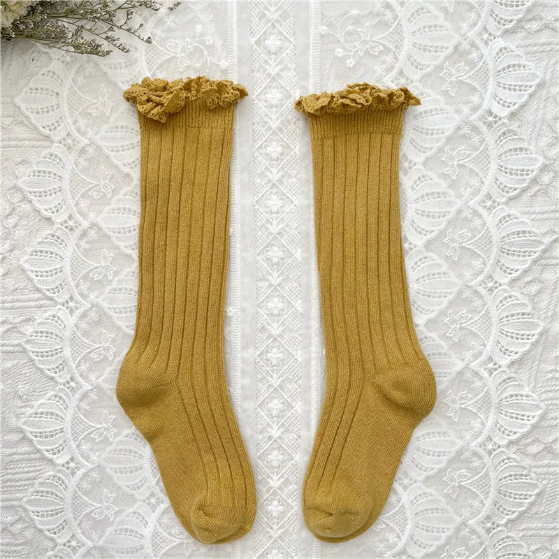 Ruffle Girls Knee High Socks Baby Kids Toddlers Long Soft Cotton Sock Lace Flower Children School Uniform Socks For 0-8Years