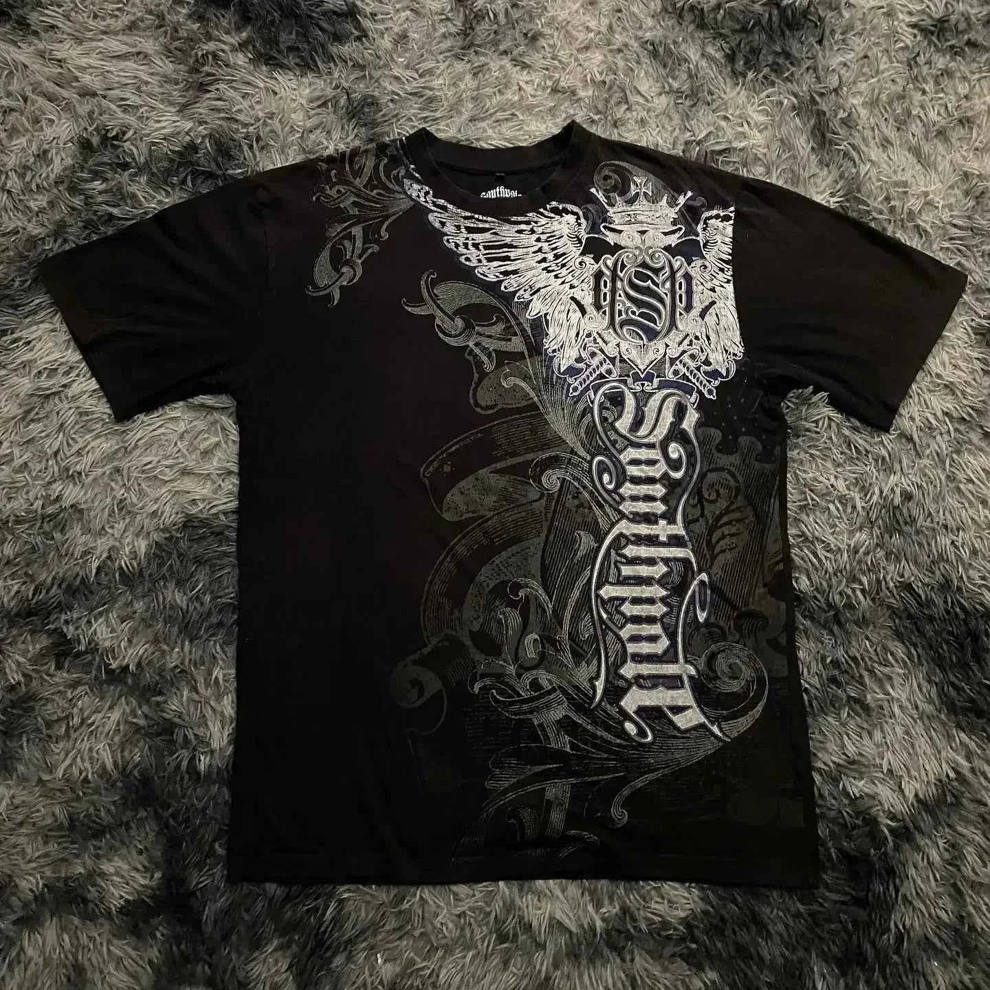 Southpole Y2K Vintage Cotton Graphic Tee Distressed Oversized Unisex T-Shirt with Gothic Print Streetwear Retro Soft Shirt Man