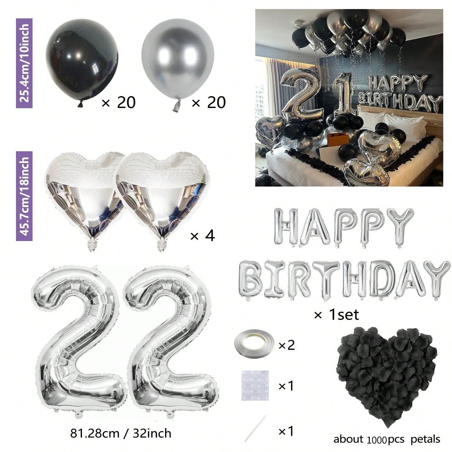 1050/21/200pcs Black & Silver Party Balloons Decorations, Silver Happy Birthday Banner, Chrome Silver Latex Balloons