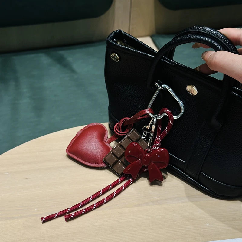 INS Style Kawaii Korea Trendy Heart Leather Keychain Bag Package Decor Chocolate Pendant Accessories Creative Key Chain Trendy