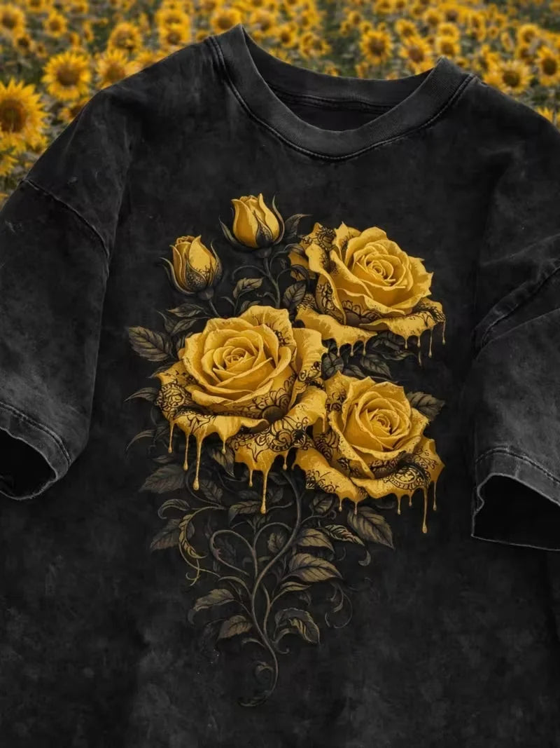 Dark Black Rose Graphic Print T Shirt Washed Vintage Casual Loose Streetwear Daily Wear Short Sleeve Goth Top for Women