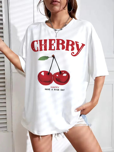 Fashion 100% Cotton Women Loose Cherry T-Shirt Cherry Oversize O-Neck Tops Tees T Shirt Short Sleeve Clothing Female Casual