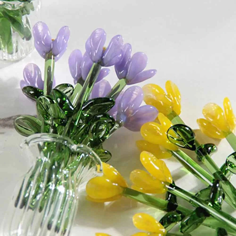 Glass Flower Decor Handcrafted Floral Sculpture Hand-blown Glass Flower Bouquet with Vase Mini Floral Decoration for Home Room
