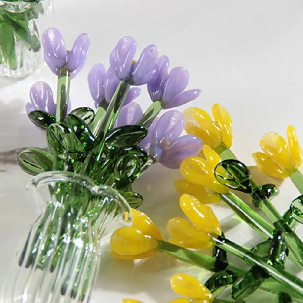 Glass Flower Decor Handcrafted Floral Sculpture Hand-blown Glass Flower Bouquet with Vase Mini Floral Decoration for Home Room