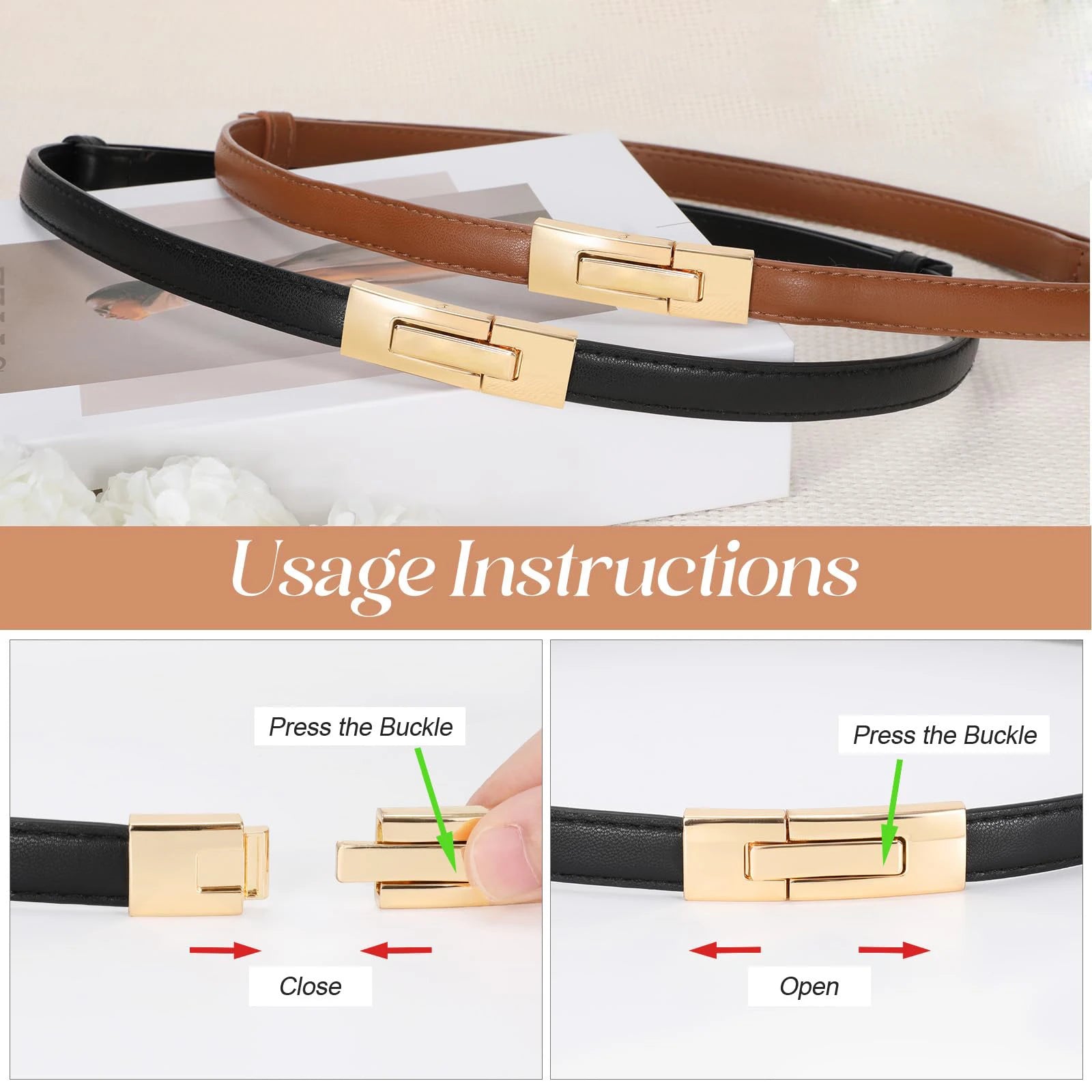 Genuine Leather Women Belt Fashion Golden Lock Buckle Skinny Ladies Waist Belts Dress Jeans Sweater Everyday Casual Outfits
