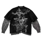 2000s American Skull Pattern Long sleeved T shirt Fashion Round Neck Oversized T shirt New Mens Casual Gothic Clothing Tops