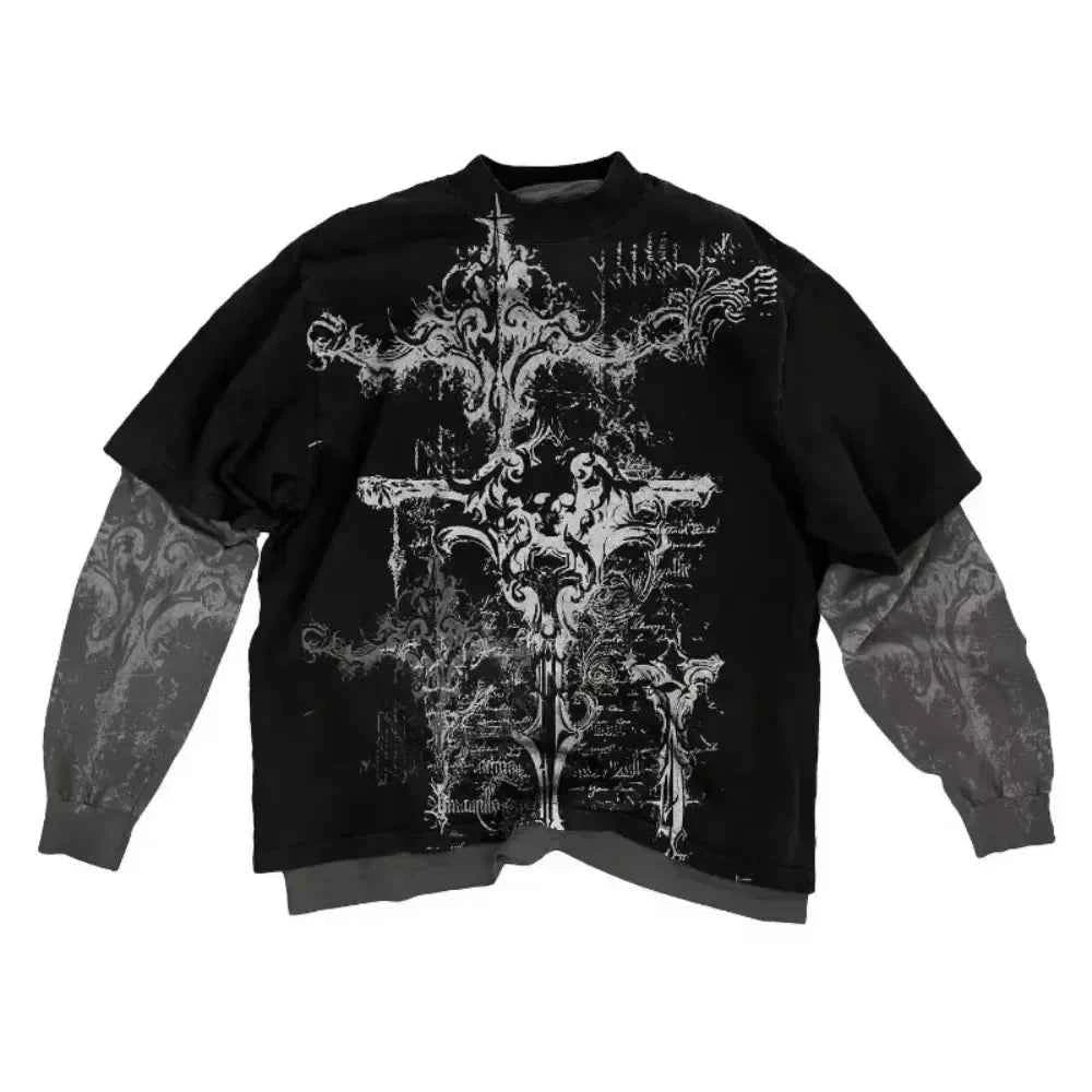 2000s American Skull Pattern Long sleeved T shirt Fashion Round Neck Oversized T shirt New Mens Casual Gothic Clothing Tops