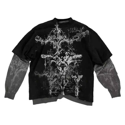 2000s American Skull Pattern Long sleeved T shirt Fashion Round Neck Oversized T shirt New Mens Casual Gothic Clothing Tops