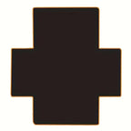 Black cross-shaped object with gold border on a white background