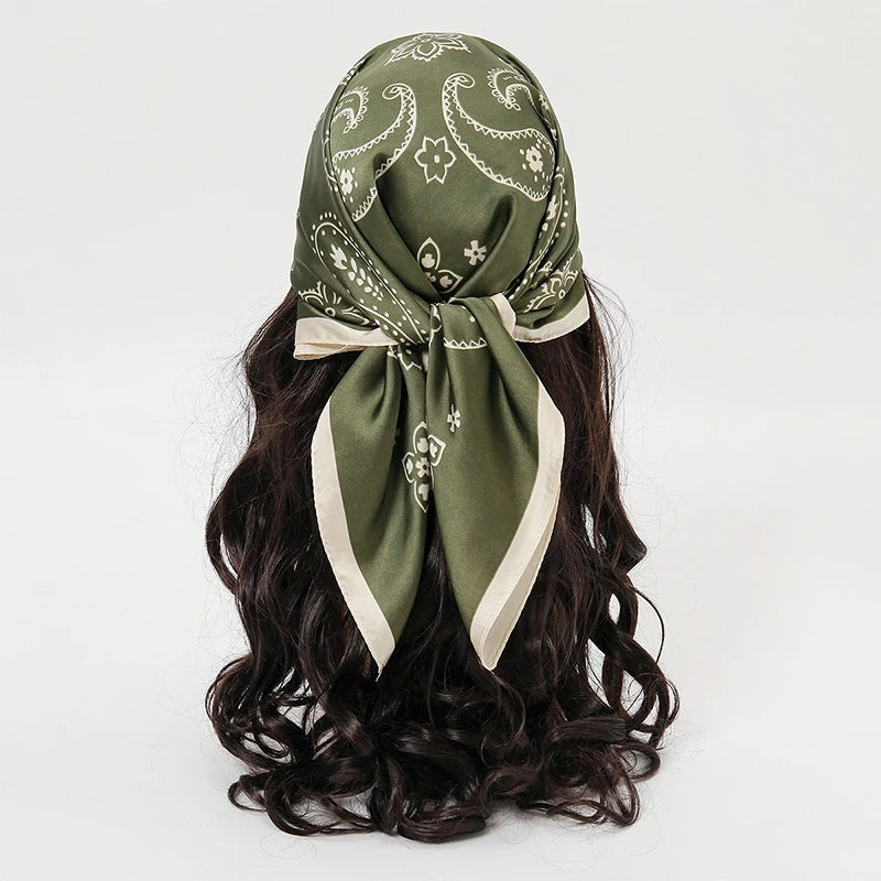 Bohemian Style Floral Print Women’s Square Silk Scarf Satin Head Wrap Tropical Leaf Flower Design Scarves Bandana Hijab