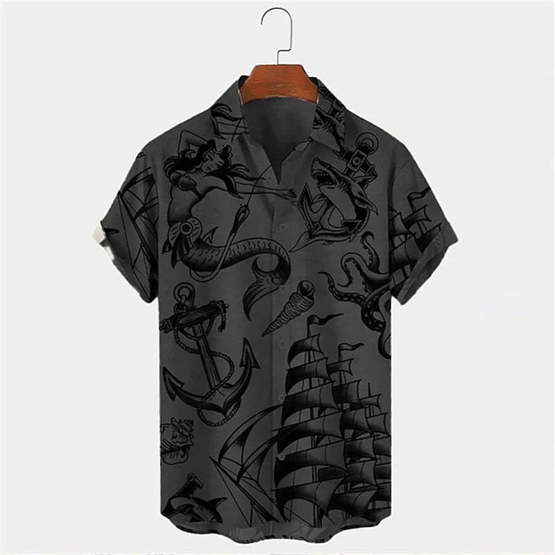Vintage Men's Mermaid Print Shirts Boat Anchor Print Button Shirts Summer Ocean Element Shirts Men's Hawaiian Leisure Shirts