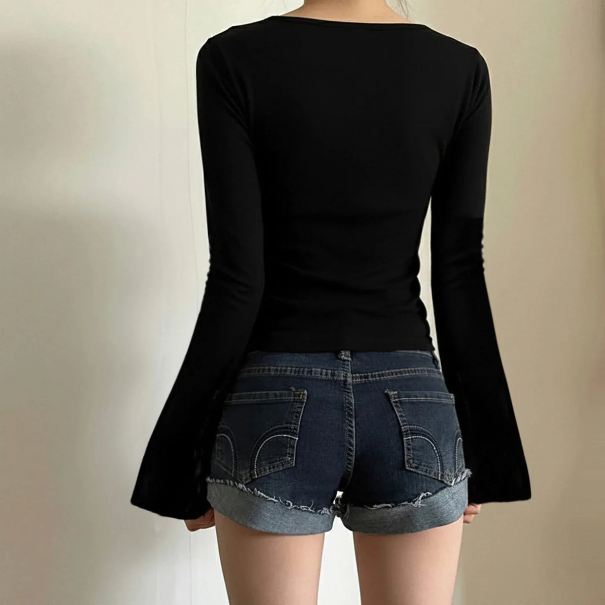 Women Solid Lace Trim Patchwork Button Flared Sleeves Shirt Casual V Neck Knit Top Y2k Aesthetic Fall Clothes Fairycore