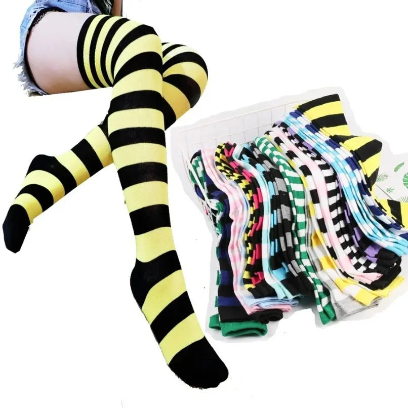 Thigh High Stockings Womens Striped Ladies Girls Black White Pink Long Over Above Knee Socks Femboy Cosplay Lolita Harajuku Y2k