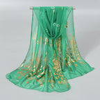 Elegant Peacock Printed Hijab Gold Glitter Polyester Scarf For Woman Solid Color Shawls Summer Sun Protection Headband 170*60cm