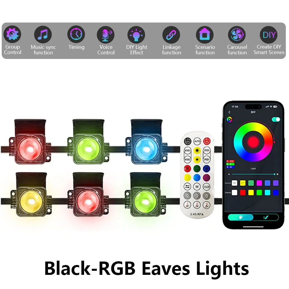 New Black RGB Eaves LED Lights Permanent Outdoor Lights String APP Bluetooth Light Strip Scene Modes House Party Wedding Light
