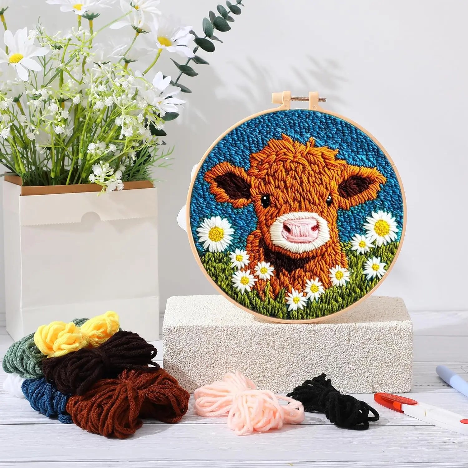 CHENISTORY Diy Punch Needle Embroidery Starter Kits For Beginner Cartoon Cute Animals Poking Embroidery Yarn Painting Arts