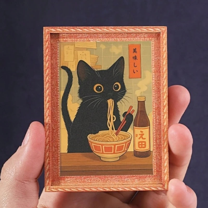 Mini Framed Black Cat Eating Ramen Magnet, Cute Japanese Cat Fridge Magnet for Kitchen, Home, Refrigerator & Decor