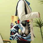 Catzilla Japanese Art Tote Bag Reusable Shoulder Shopping Beach Bag For Women, Durable Casual Carryall
