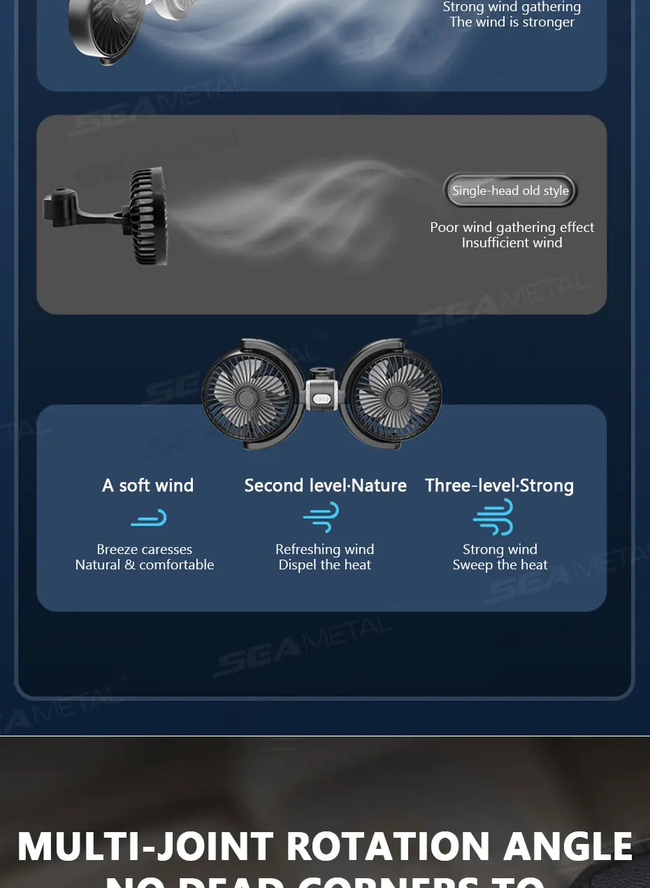 SEAMETAL Car Cooling Fan Headrest Double Head Fans Multi Angle Rotation 3 Speed Adjustable Cooler Air Fan for Car Accessories