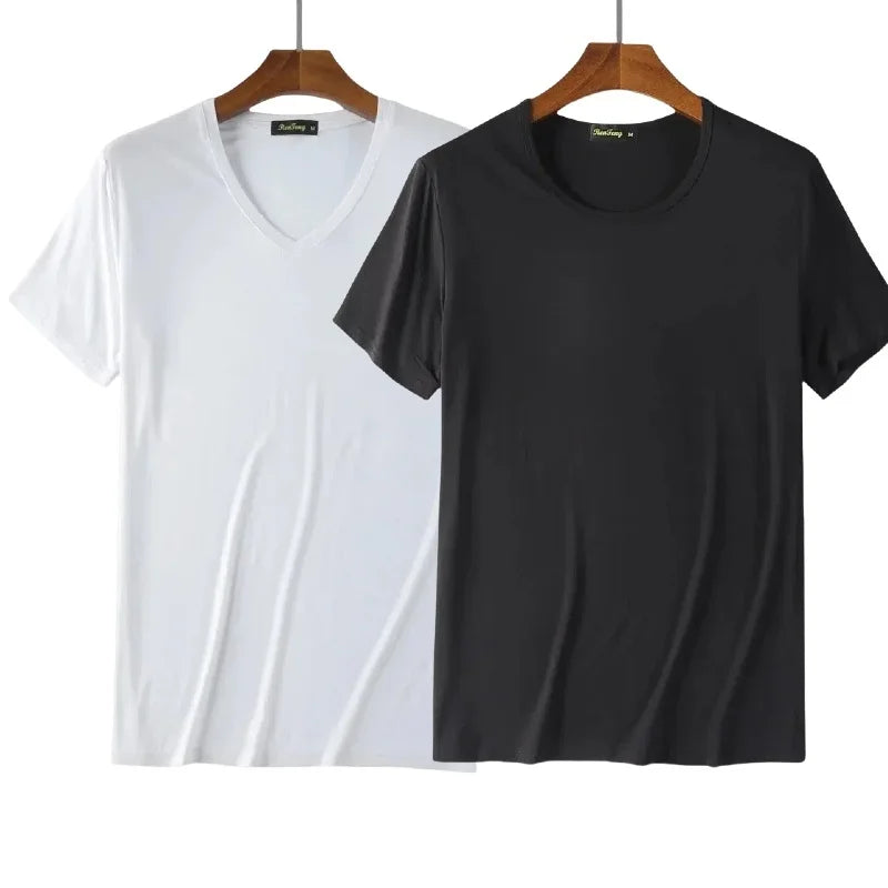 2 Packs Bamboo Fiber Round Neck T-shirts Short Sleeve Classic Tees Sweat-absorbent Gym Man Undershirt Solid Color Tee Black New