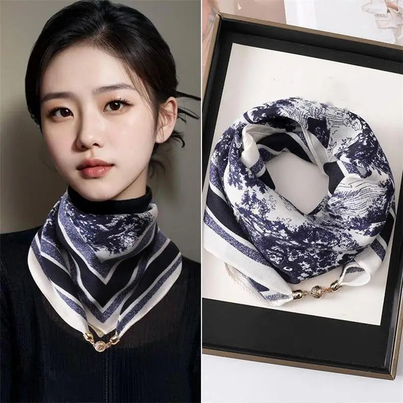 Luxury Magnetic Buckle Silk Scarf Women Print Square Scarf For Autumn Winter Warmth And Cold Resistance Fashionabl Scarves