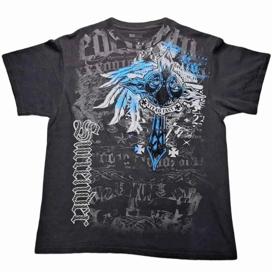 MMA ELITE Cross Skull Print Green Y2K T Shirt Men Loose Fit Streetwear Graphic Tee Oversized Glow Dark Party Ins Popularity Tops