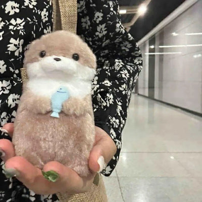 Delightful Otter Plush Keychain with Fish Pendant; Cute Charm for School Bags or Wallet Decorations
