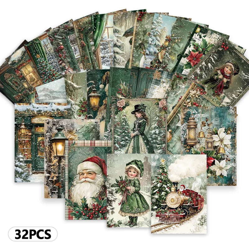 32pcs, green retro nostalgic Christmas postcards, birthday/anniversary gifts, collectible, giftable, and mailable