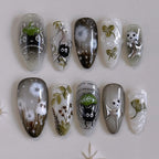 24pcs Gradient Black False Nails Cute Cartoon Cat's Eye Forest Elf Girl Press On Nails Glossy Almond Sweet Cool Fake Nail Tips