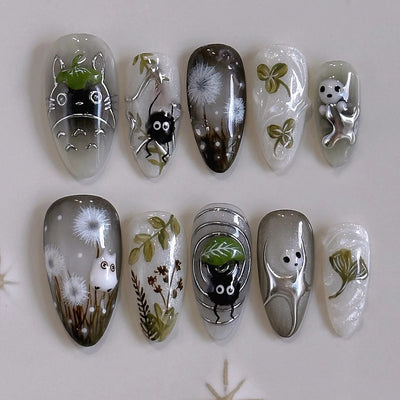 24pcs Gradient Black False Nails Cute Cartoon Cat's Eye Forest Elf Girl Press On Nails Glossy Almond Sweet Cool Fake Nail Tips
