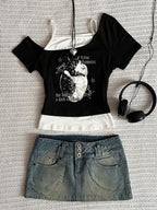 Asthetische Goth Fledermaus Brief Y2K Stil zweitelige T-Shirt Kurzarm Weste Harajuku Streetwear Hosentrger Frauen Kleidung Shirt