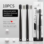 10-Pack Bamboo Charcoal Toothbrush Set – Ultra-Soft Silk Bristles for Men & Women | Eco-Friendly Black & White Adult Family Toothbrushes